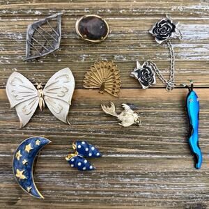 Vintage Brooch Lot Gold Blue Enamel Celestial Cottagecore Art Deco Nature Pins